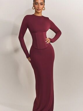 Sleek Long-Sleeve Burgundy Corset Waist Maxi Dress